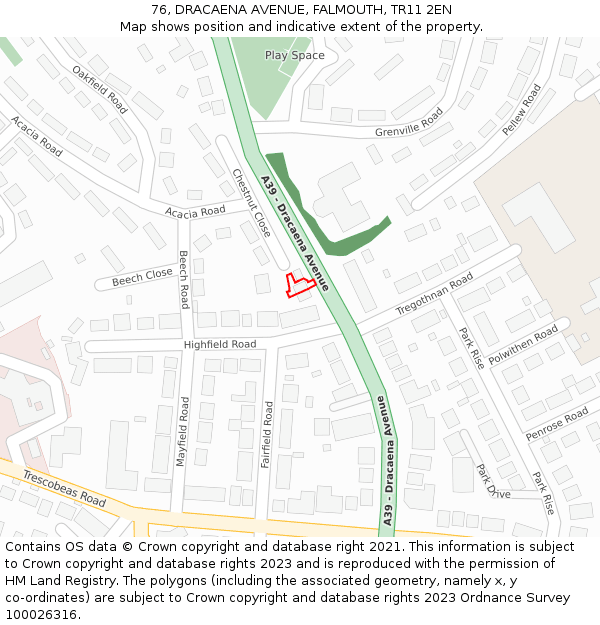 76, DRACAENA AVENUE, FALMOUTH, TR11 2EN: Location map and indicative extent of plot