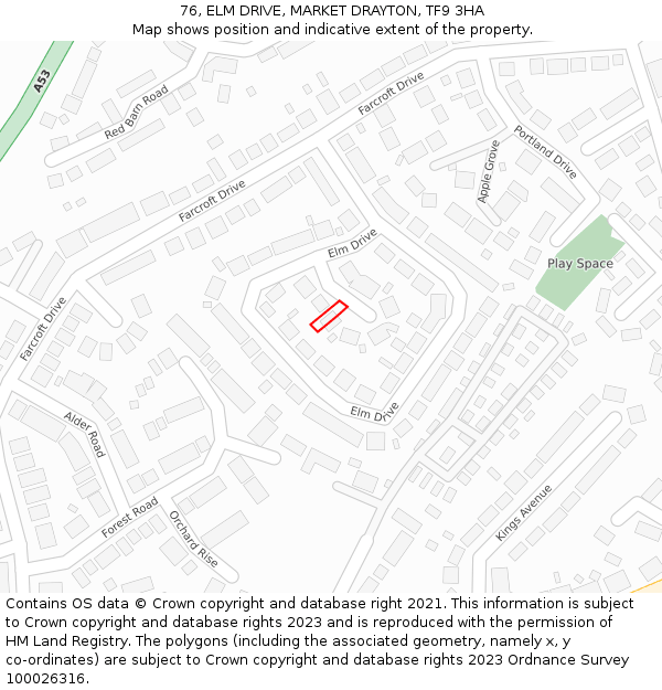 76, ELM DRIVE, MARKET DRAYTON, TF9 3HA: Location map and indicative extent of plot