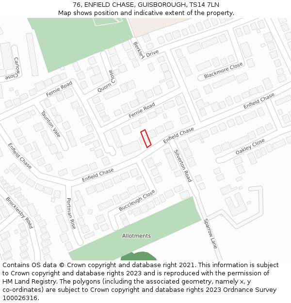 76, ENFIELD CHASE, GUISBOROUGH, TS14 7LN: Location map and indicative extent of plot