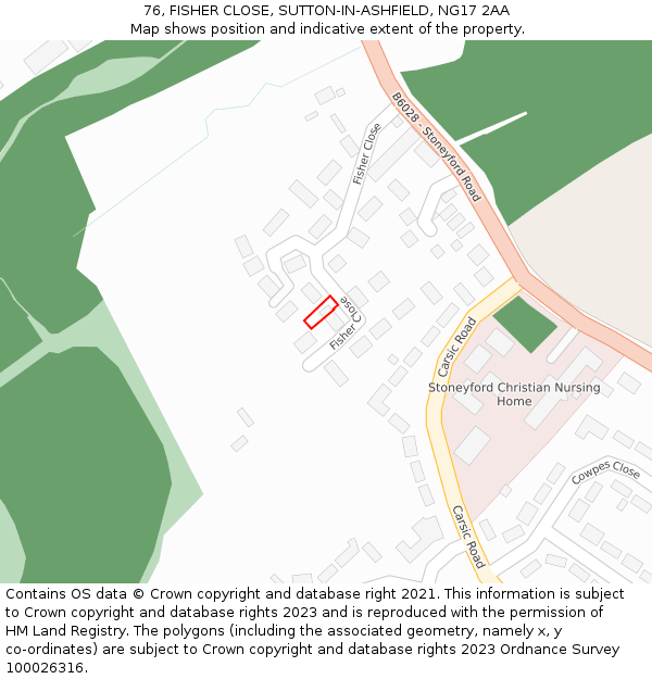 76, FISHER CLOSE, SUTTON-IN-ASHFIELD, NG17 2AA: Location map and indicative extent of plot