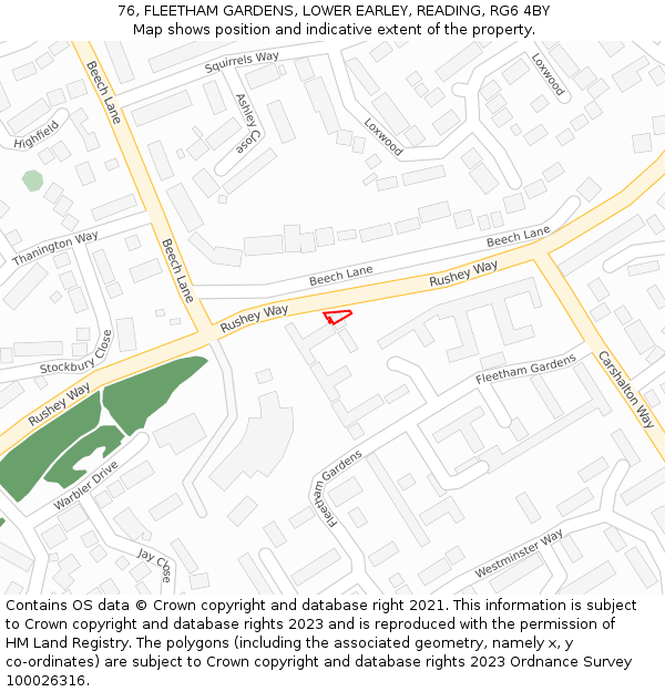 76, FLEETHAM GARDENS, LOWER EARLEY, READING, RG6 4BY: Location map and indicative extent of plot