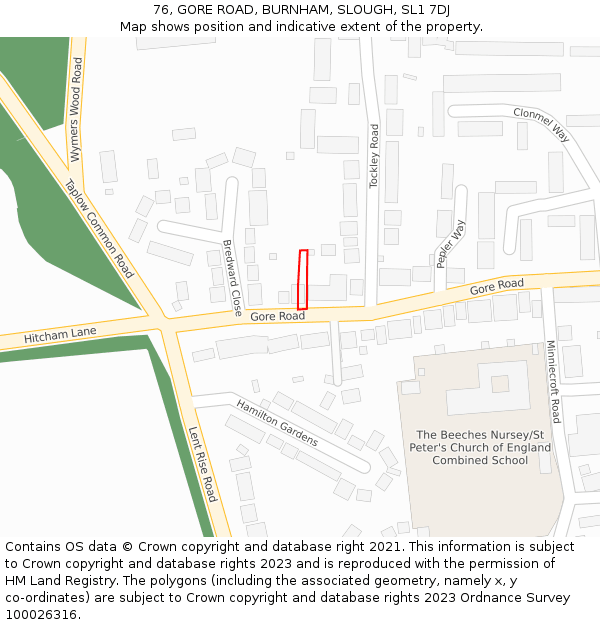 76, GORE ROAD, BURNHAM, SLOUGH, SL1 7DJ: Location map and indicative extent of plot