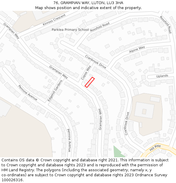 76, GRAMPIAN WAY, LUTON, LU3 3HA: Location map and indicative extent of plot