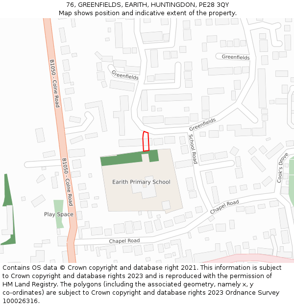 76, GREENFIELDS, EARITH, HUNTINGDON, PE28 3QY: Location map and indicative extent of plot