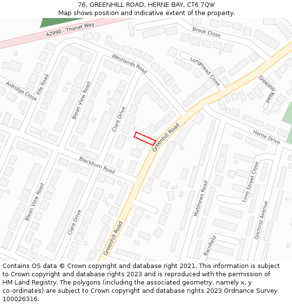 76, GREENHILL ROAD, HERNE BAY, CT6 7QW: Location map and indicative extent of plot