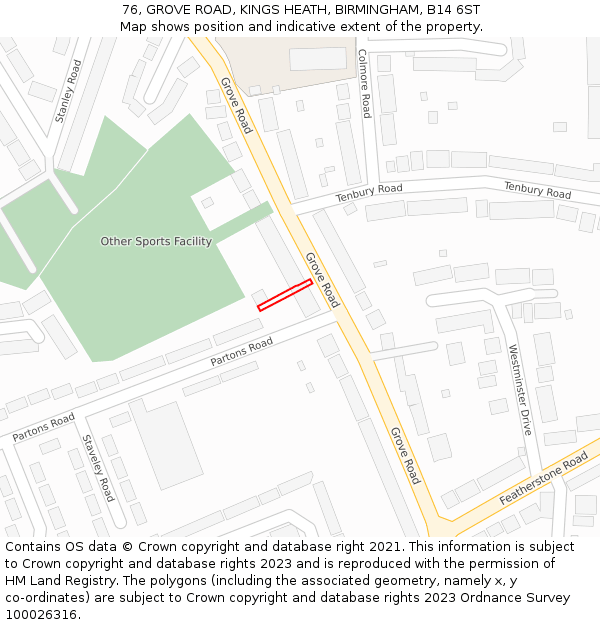 76, GROVE ROAD, KINGS HEATH, BIRMINGHAM, B14 6ST: Location map and indicative extent of plot