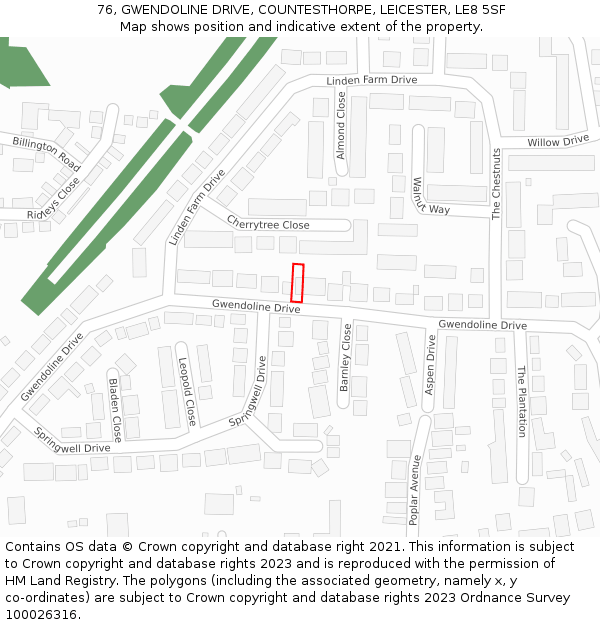 76, GWENDOLINE DRIVE, COUNTESTHORPE, LEICESTER, LE8 5SF: Location map and indicative extent of plot