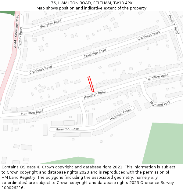 76, HAMILTON ROAD, FELTHAM, TW13 4PX: Location map and indicative extent of plot