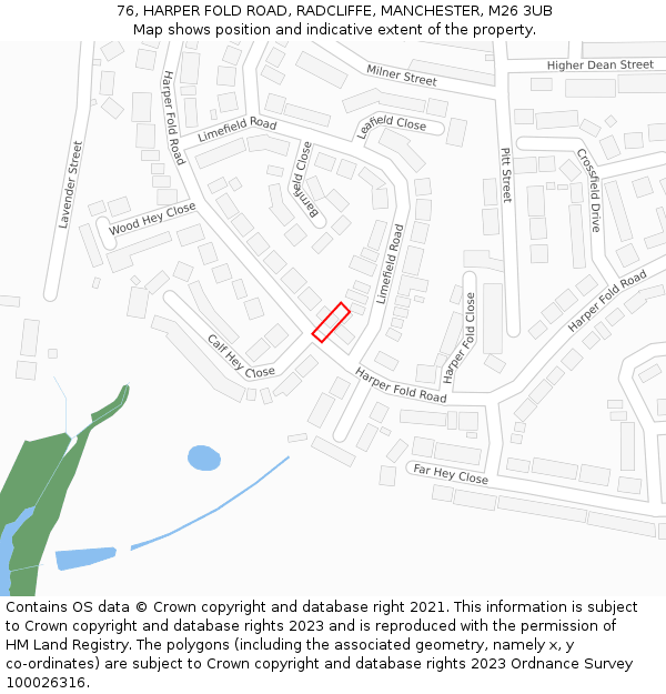 76, HARPER FOLD ROAD, RADCLIFFE, MANCHESTER, M26 3UB: Location map and indicative extent of plot