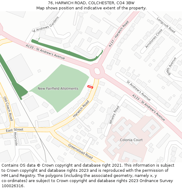 76, HARWICH ROAD, COLCHESTER, CO4 3BW: Location map and indicative extent of plot