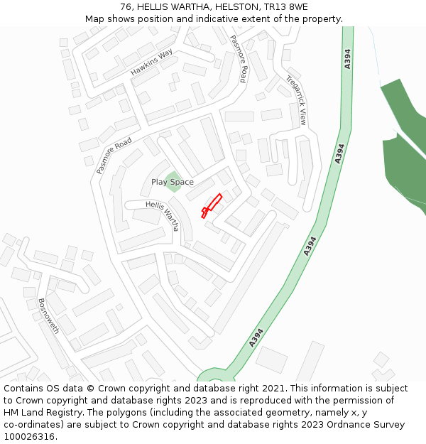 76, HELLIS WARTHA, HELSTON, TR13 8WE: Location map and indicative extent of plot