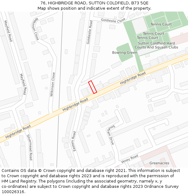 76, HIGHBRIDGE ROAD, SUTTON COLDFIELD, B73 5QE: Location map and indicative extent of plot