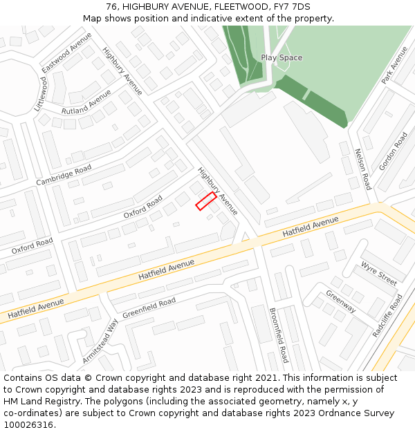 76, HIGHBURY AVENUE, FLEETWOOD, FY7 7DS: Location map and indicative extent of plot