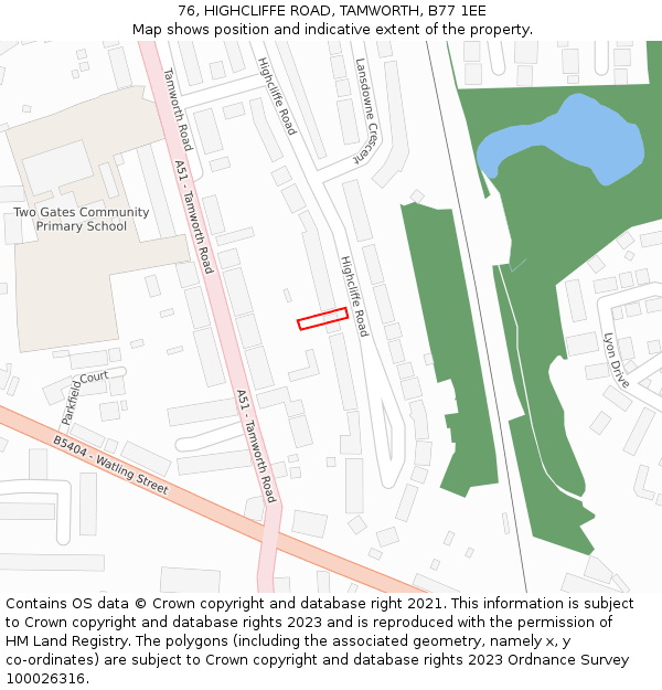 76, HIGHCLIFFE ROAD, TAMWORTH, B77 1EE: Location map and indicative extent of plot