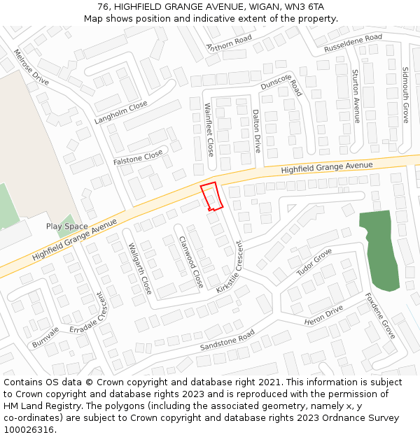 76, HIGHFIELD GRANGE AVENUE, WIGAN, WN3 6TA: Location map and indicative extent of plot