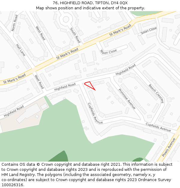 76, HIGHFIELD ROAD, TIPTON, DY4 0QX: Location map and indicative extent of plot