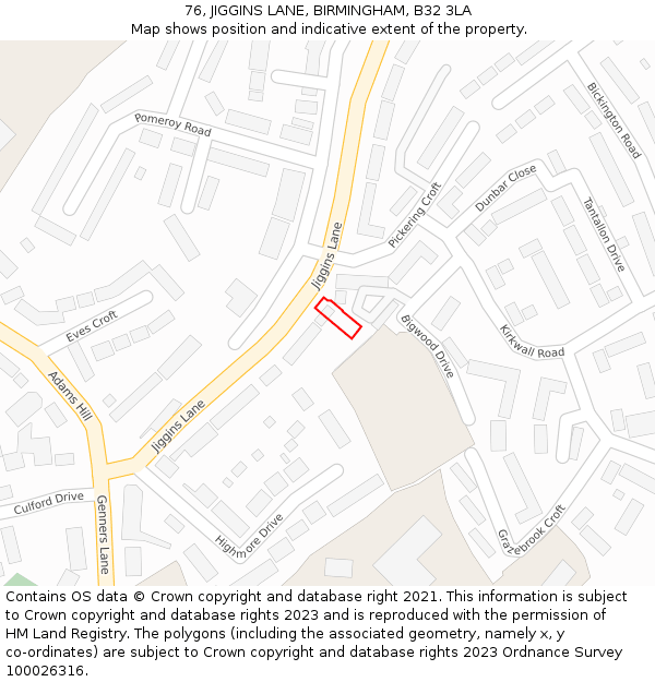 76, JIGGINS LANE, BIRMINGHAM, B32 3LA: Location map and indicative extent of plot