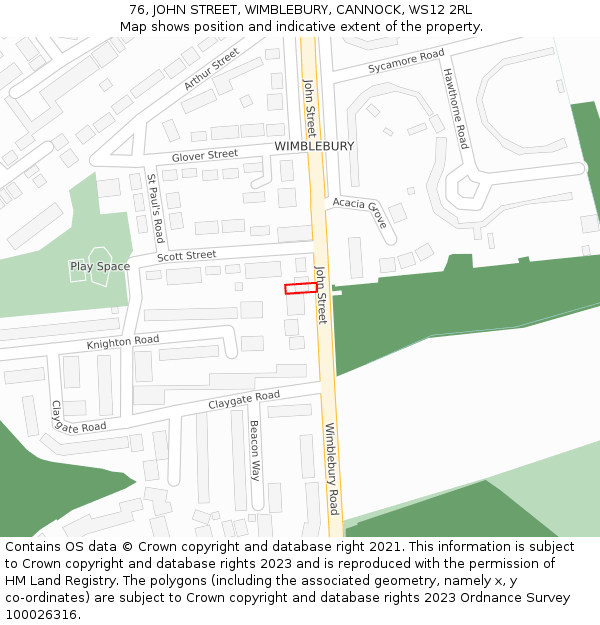 76, JOHN STREET, WIMBLEBURY, CANNOCK, WS12 2RL: Location map and indicative extent of plot