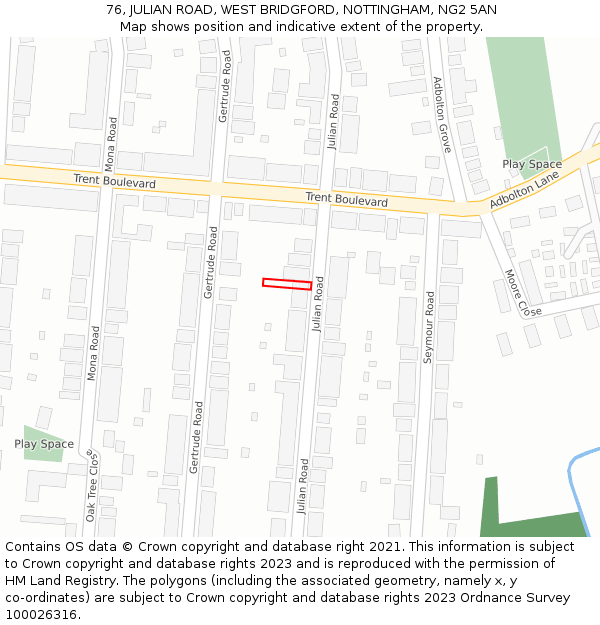 76, JULIAN ROAD, WEST BRIDGFORD, NOTTINGHAM, NG2 5AN: Location map and indicative extent of plot