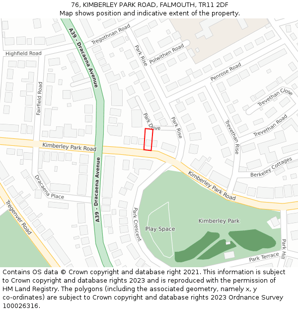 76, KIMBERLEY PARK ROAD, FALMOUTH, TR11 2DF: Location map and indicative extent of plot