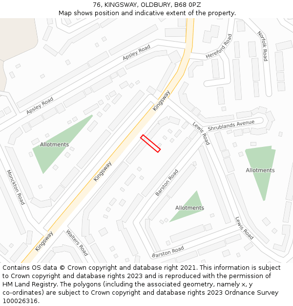 76, KINGSWAY, OLDBURY, B68 0PZ: Location map and indicative extent of plot