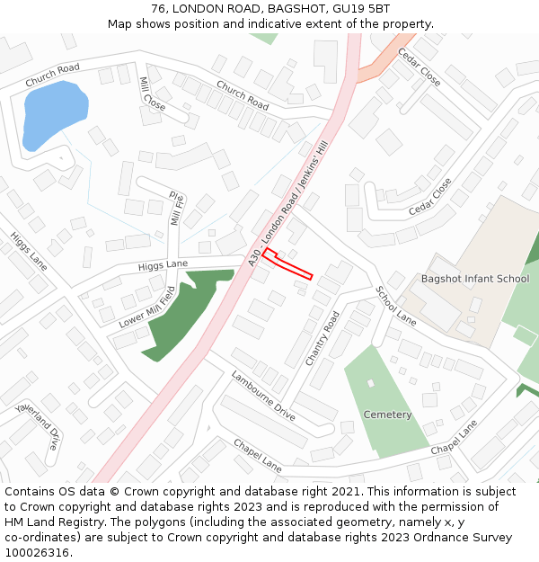 76, LONDON ROAD, BAGSHOT, GU19 5BT: Location map and indicative extent of plot