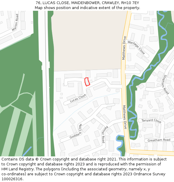 76, LUCAS CLOSE, MAIDENBOWER, CRAWLEY, RH10 7EY: Location map and indicative extent of plot