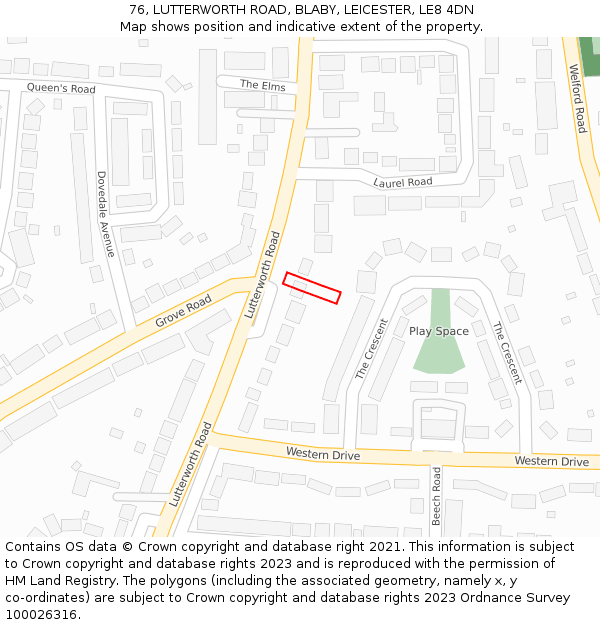 76, LUTTERWORTH ROAD, BLABY, LEICESTER, LE8 4DN: Location map and indicative extent of plot