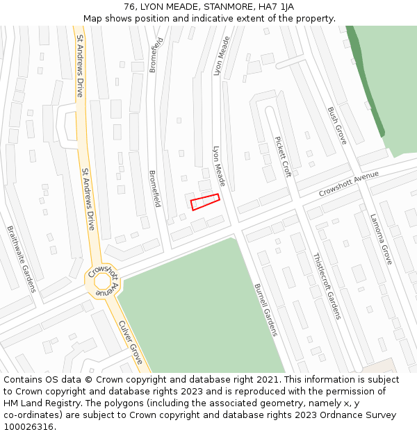 76, LYON MEADE, STANMORE, HA7 1JA: Location map and indicative extent of plot