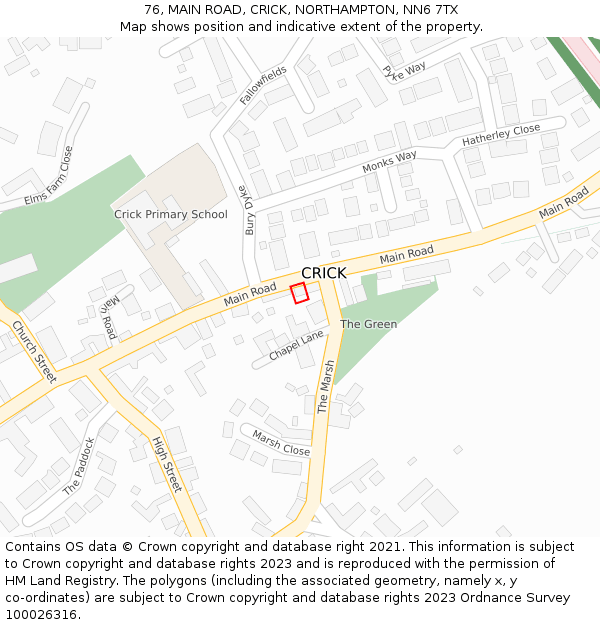 76, MAIN ROAD, CRICK, NORTHAMPTON, NN6 7TX: Location map and indicative extent of plot