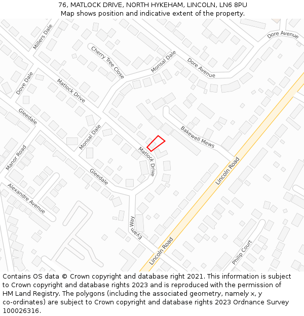 76, MATLOCK DRIVE, NORTH HYKEHAM, LINCOLN, LN6 8PU: Location map and indicative extent of plot