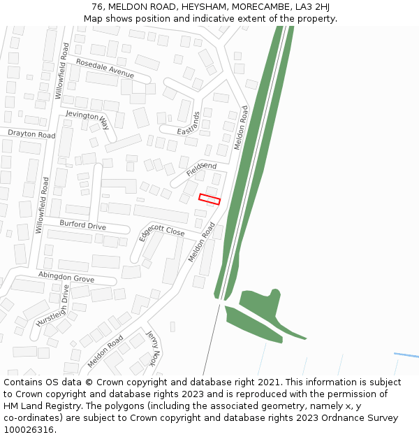 76, MELDON ROAD, HEYSHAM, MORECAMBE, LA3 2HJ: Location map and indicative extent of plot