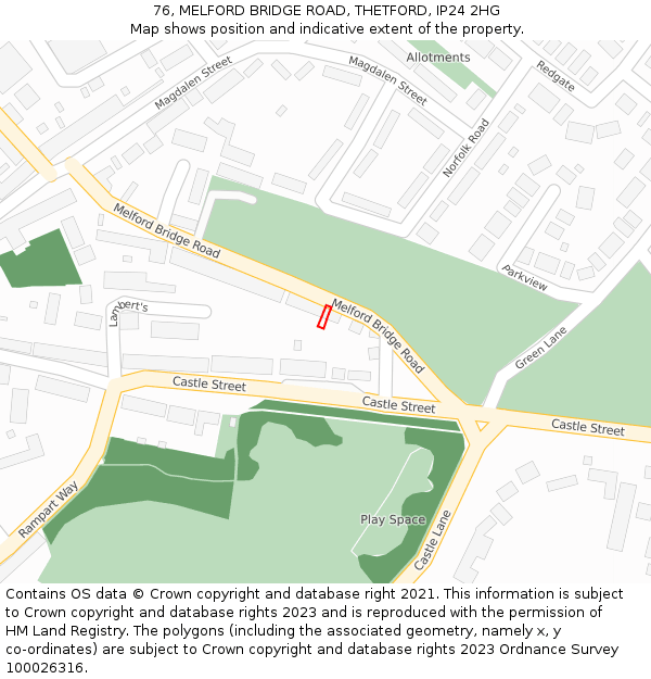 76, MELFORD BRIDGE ROAD, THETFORD, IP24 2HG: Location map and indicative extent of plot