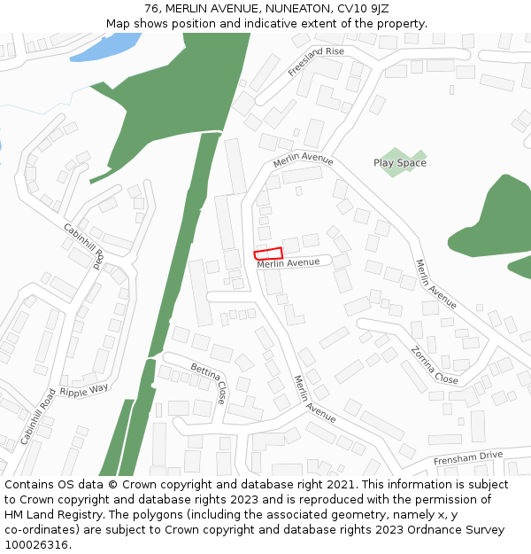 76, MERLIN AVENUE, NUNEATON, CV10 9JZ: Location map and indicative extent of plot