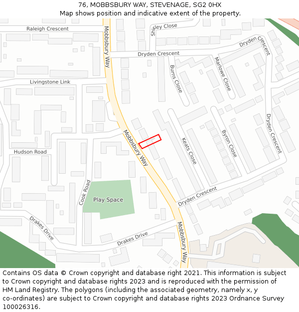 76, MOBBSBURY WAY, STEVENAGE, SG2 0HX: Location map and indicative extent of plot