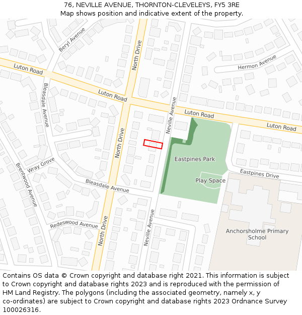 76, NEVILLE AVENUE, THORNTON-CLEVELEYS, FY5 3RE: Location map and indicative extent of plot