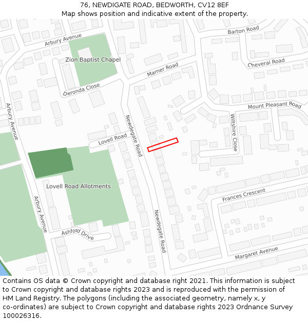 76, NEWDIGATE ROAD, BEDWORTH, CV12 8EF: Location map and indicative extent of plot