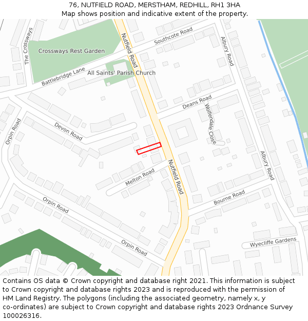 76, NUTFIELD ROAD, MERSTHAM, REDHILL, RH1 3HA: Location map and indicative extent of plot