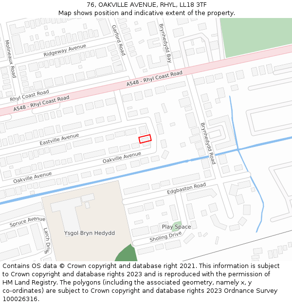 76, OAKVILLE AVENUE, RHYL, LL18 3TF: Location map and indicative extent of plot