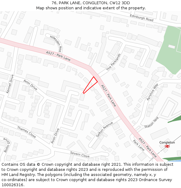 76, PARK LANE, CONGLETON, CW12 3DD: Location map and indicative extent of plot