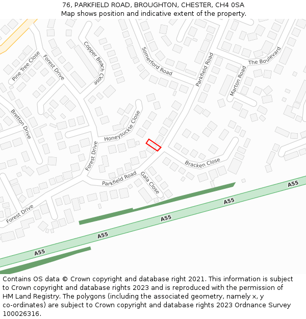 76, PARKFIELD ROAD, BROUGHTON, CHESTER, CH4 0SA: Location map and indicative extent of plot