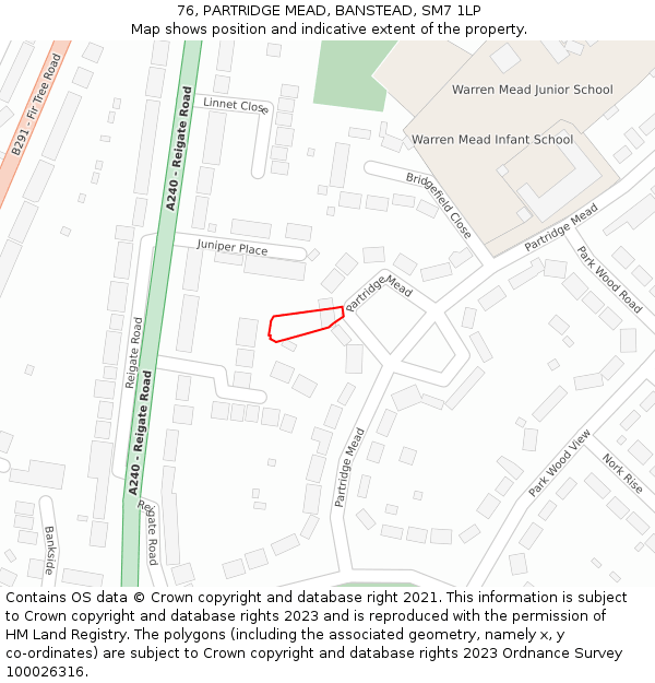 76, PARTRIDGE MEAD, BANSTEAD, SM7 1LP: Location map and indicative extent of plot