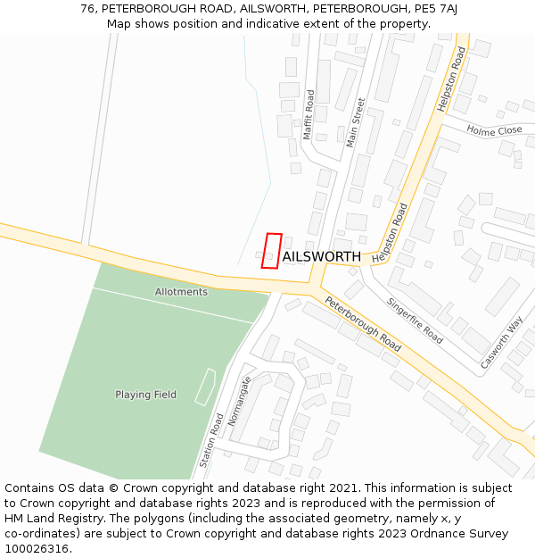 76, PETERBOROUGH ROAD, AILSWORTH, PETERBOROUGH, PE5 7AJ: Location map and indicative extent of plot