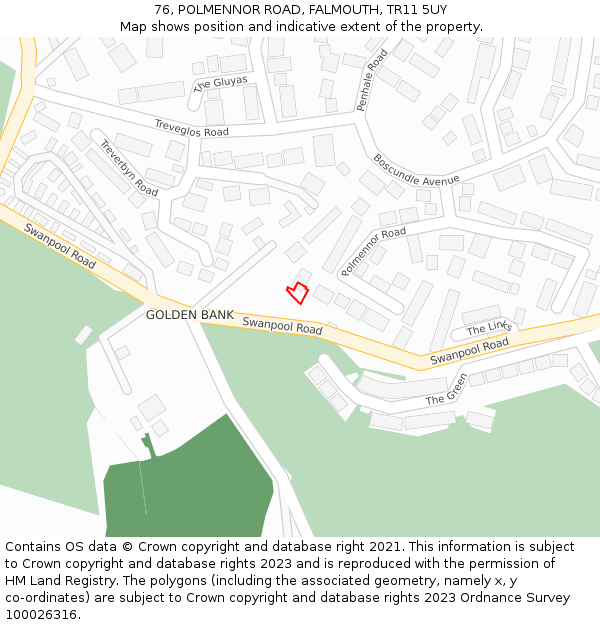 76, POLMENNOR ROAD, FALMOUTH, TR11 5UY: Location map and indicative extent of plot