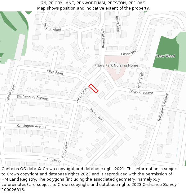 76, PRIORY LANE, PENWORTHAM, PRESTON, PR1 0AS: Location map and indicative extent of plot