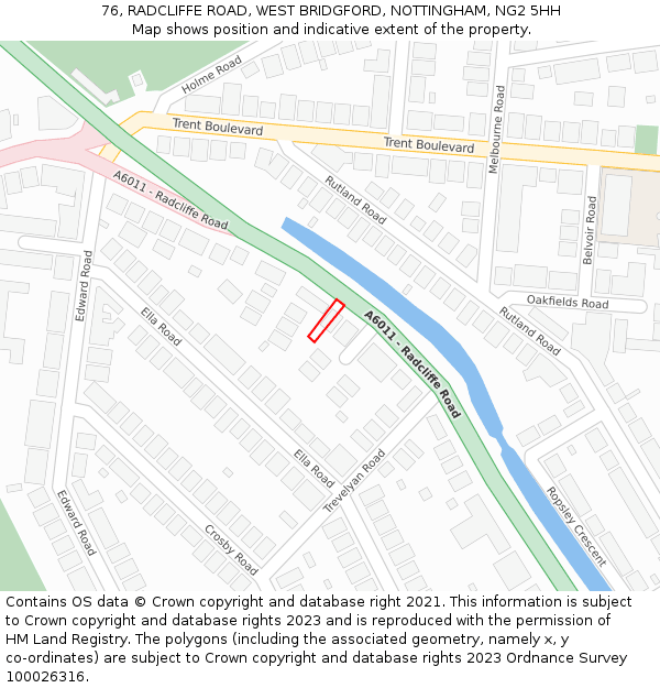 76, RADCLIFFE ROAD, WEST BRIDGFORD, NOTTINGHAM, NG2 5HH: Location map and indicative extent of plot