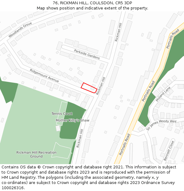 76, RICKMAN HILL, COULSDON, CR5 3DP: Location map and indicative extent of plot