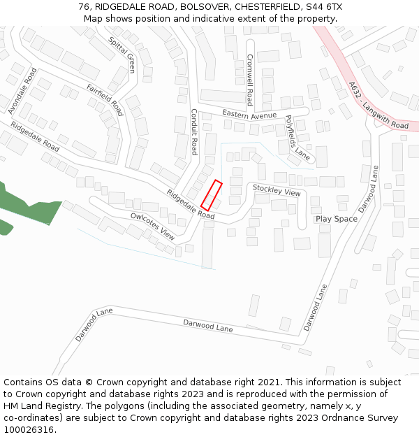 76, RIDGEDALE ROAD, BOLSOVER, CHESTERFIELD, S44 6TX: Location map and indicative extent of plot