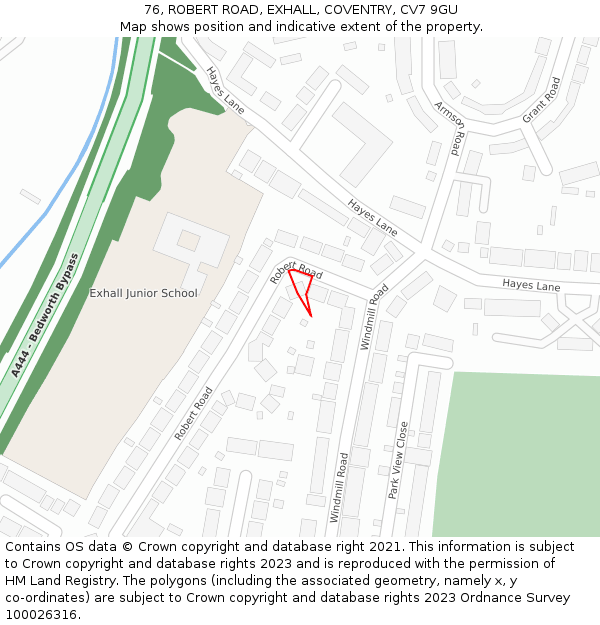 76, ROBERT ROAD, EXHALL, COVENTRY, CV7 9GU: Location map and indicative extent of plot