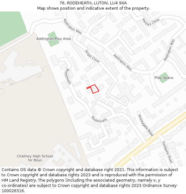 76, RODEHEATH, LUTON, LU4 9XA: Location map and indicative extent of plot